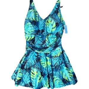 Yonique Swimdress One Piece Swimsuit Womens 18W Blue Tropical Print Beachwear